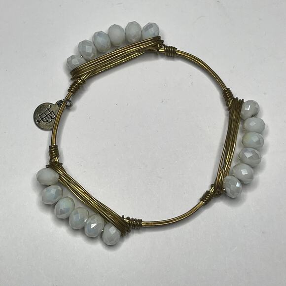 BOURBON & BOWETIES gold tone bracelet bangle petite faceted white beads jewelry - Picture 6 of 10